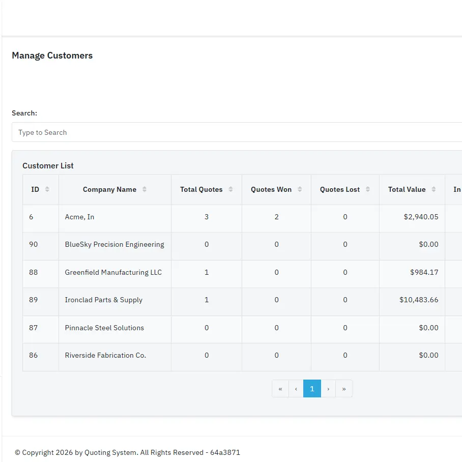 Customer database with contact details and quote history