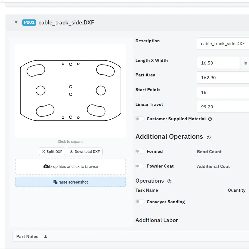 DXF analysis showing a sheet-metal part with auto-extracted dimensions, area, and pierce count