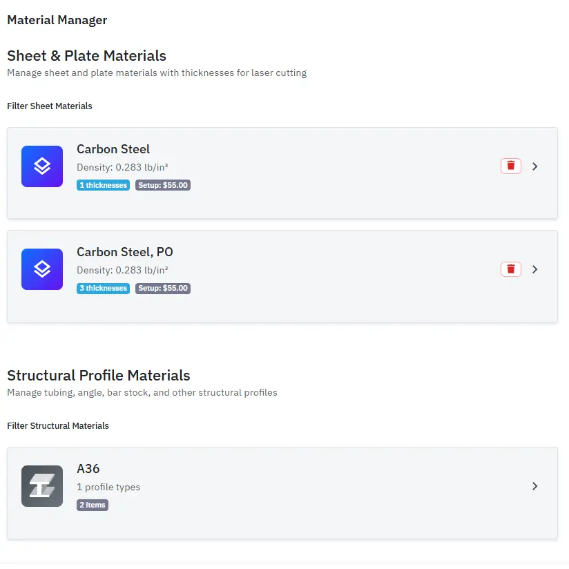 Material library showing steel, stainless, and aluminum grades with thickness-based pricing