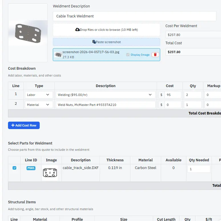 Assembly quote with flat parts, forming operations, and secondary ops costed together